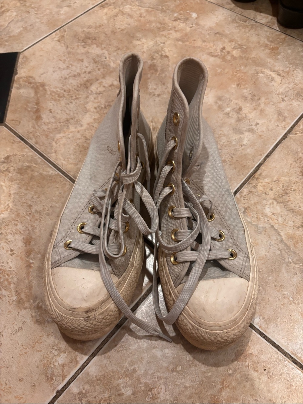 Kids High-Top Canvas Sneakers in Light Gray with Gold Eyelets